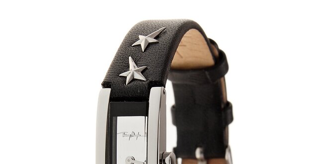Dámské ocelové hodinky Thierry Mugler s černým koženým řemínkem