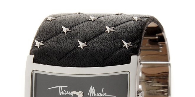 Dámské stříbrné náramkové hodinky Thierry Mugler se širokým černým koženým řemínkem