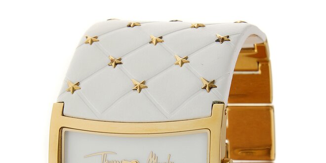 Dámské zlaté ocelové hodinky Thierry Mugler se širokým bílým koženým řemínkem