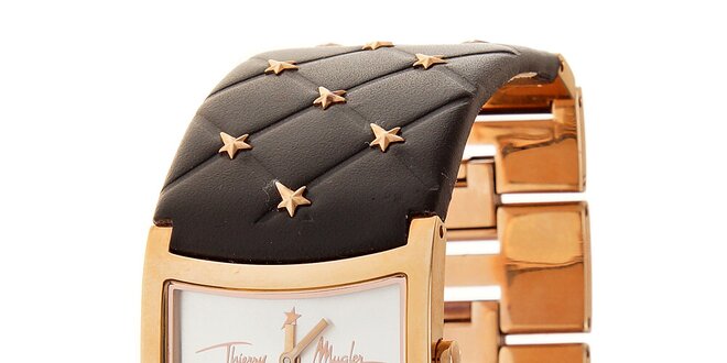 Dámské zlaté ocelové hodinky Thierry Mugler s tmavě hnědým koženým řemínkem