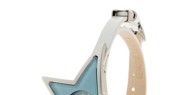Dámské modré ocelové hodinky ve tvaru hvězdy Thierry Mugler s bílým koženým řemínkem
