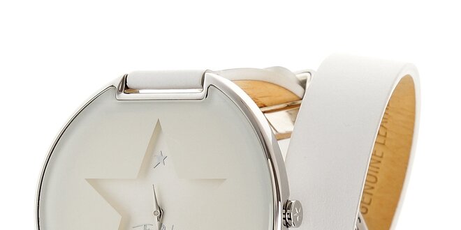 Dámské bílé náramkové hodinky Thierry Mugler s dlouhým koženým řemínkem