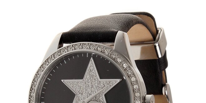 Dámské ocelové hodinky Thierry Mugler s černým koženým řemínkem a kamínky