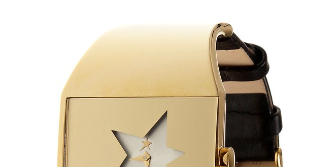 Dámské zlaté ocelové hodinky Thierry Mugler s koženým řemínkem