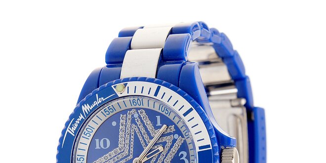 Dámské modré hodinky Thierry Mugler se stříbrnými detaily a kamínky