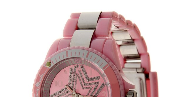 Dámské růžové hodinky Thierry Mugler se stříbrnými detaily a kamínky