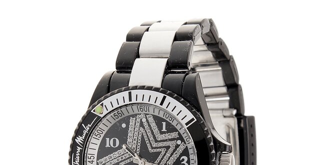 Dámské černé hodinky Thierry Mugler se stříbrnými detaily a kamínky