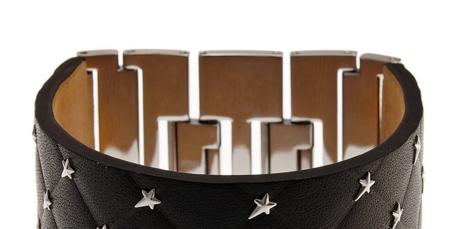 Široký černý kožený náramek Thierry Mugler s kovovými hvězdami