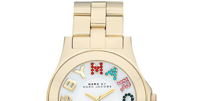 Dámské pozlacené analogové hodinky s barevnými kamínky Marc Jacobs