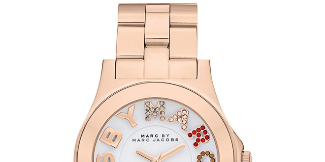 Dámské pozlacené analogové hodinky s barevnými kamínky Marc Jacobs v barvě růžového zlata