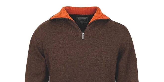 Pánský hnědý polopropínací svetr s oranžovým límcem Bushman