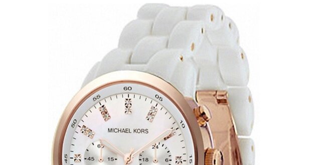 Dámské bílé hodinky s perleťovým ciferníkem a chronografem Michael Kors