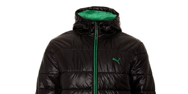 Pánská černá zimní prošívaná bunda Puma se zelenými detaily