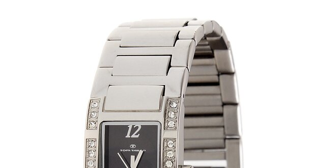 Dámské ocelové hodinky Tom Tailor s černým ciferníkem a kamínky