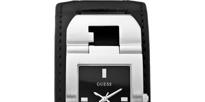 Pánské designové ocelové hodinky s černým koženým řemínkem Guess