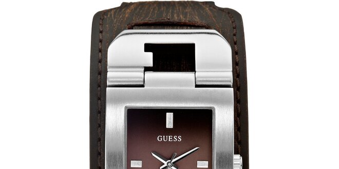 Pánské designové ocelové hodinky s hnědým koženým řemínkem Guess