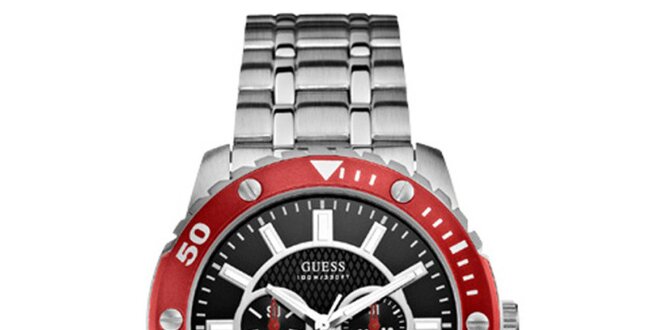 Unisex ocelové hodinky s černým ciferníkem a červenou lunetou Guess
