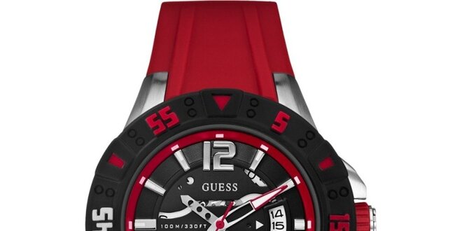 Pánské červeno-černé ocelové hodinky se silikonovým řemínkem Guess
