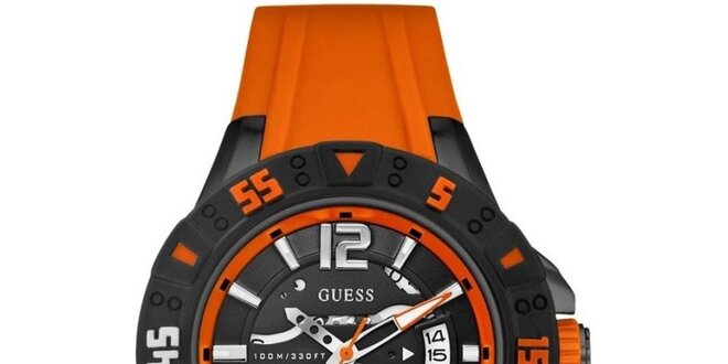 Pánské oranžovo-černé ocelové hodinky se silikonovým řemínkem Guess