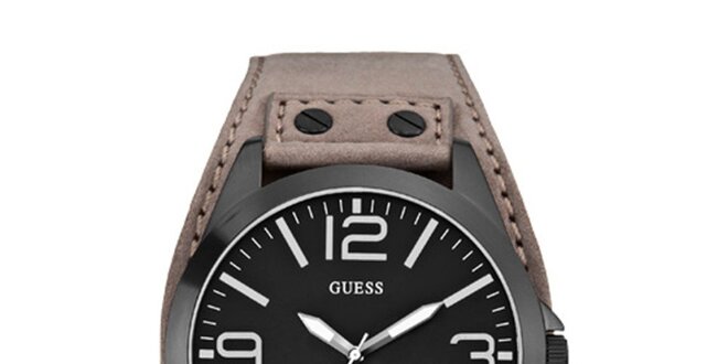 Pánské tmavé ocelové hodinky s koženým řemínkem Guess