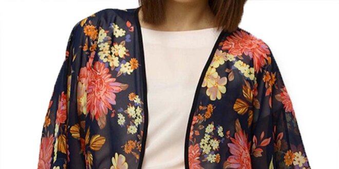 Dámské tmavomodré květinové kimono Deck
