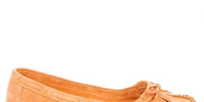 Dámské oranžové semišové loafers s třásněmi a mašlí Bueno