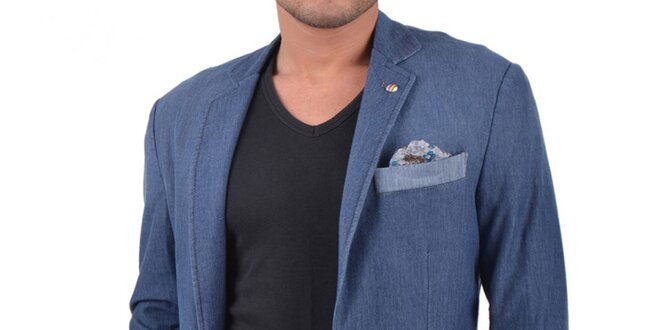 Pánské modré sako s ozdobnou kapsičkou a knoflíčkem RNT23