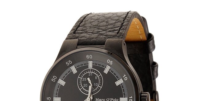 Černé ocelové hodinky Marc O´Polo s koženým řemínkem