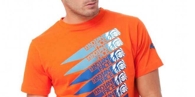 Pánské zářivě oranžové tričko Indian Face a modrým potiskem