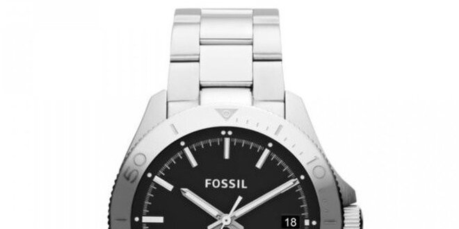 Pánské stříbrné hodinky s černým ciferníkem Fossil