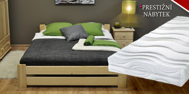 Masivní dřevěná postel s matrací a roštem