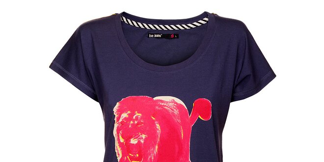 Dámské fialové triko Exe Jeans s růžovým lvem