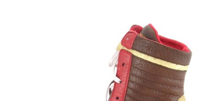 Dámské kožené hnědo-červeno-zlaté vysoké šněrovací boty Diesel