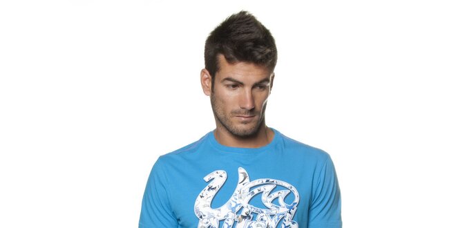 Pánské azurově modré tričko Unitryb s potiskem