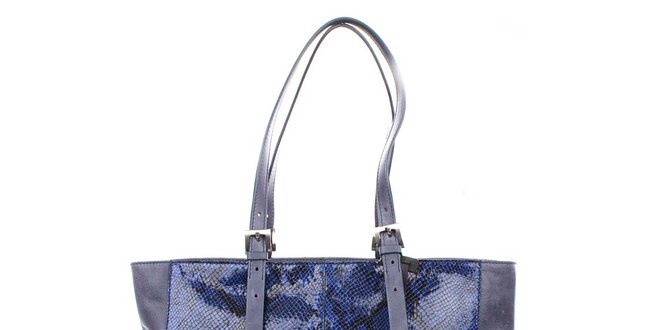Dámská modrá shopper kabelka s lesklým motivem hadí kůže Puntotres