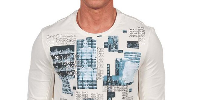 Pánské krémové tričko s dlouhým rukávem a potiskem Calvin Klein