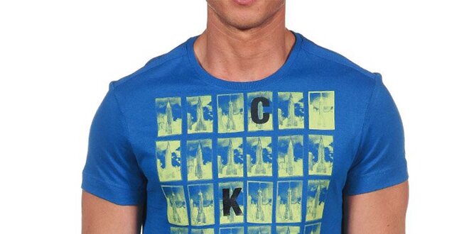 Pánské modré tričko s krátkým rukávem a potiskem Calvin Klein