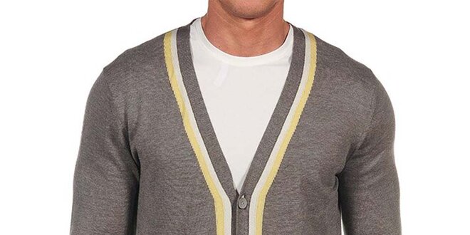 Pánský šedý propínací svetr s bílým a žlutým pruhem Calvin Klein