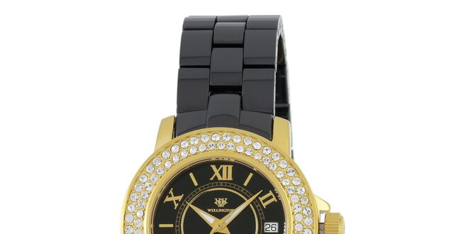 Dámské zlato-černé hodinky s římskými číslicemi a krystaly Wellington