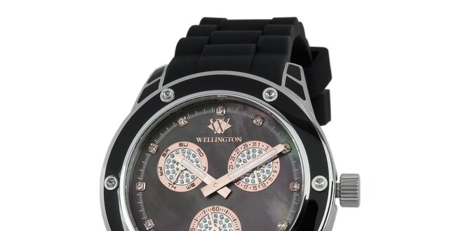 Dámské černé hodinky s prvky z růžového zlata Wellington