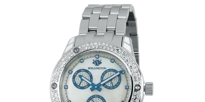 Dámské stříbrné hodinky s krystaly a modrými prvky Wellington