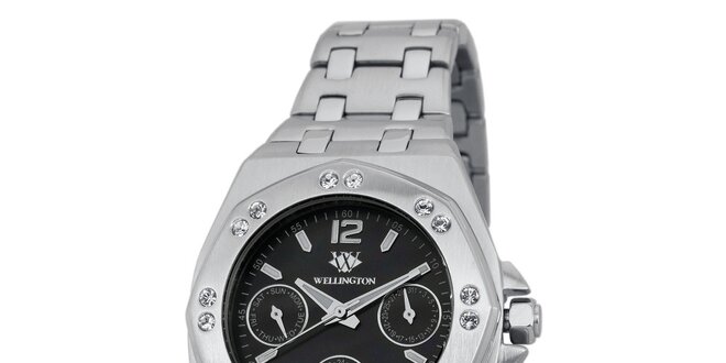 Dámské stříbrné hodinky s černým ciferníkem krystaly Wellington