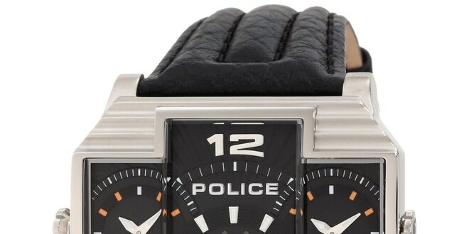 Pánské světlé ocelové hodinky s koženým černým řemínkem Police