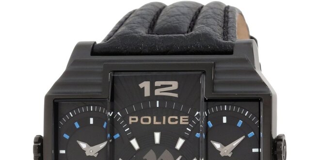 Pánské černé ocelové hodinky s koženým černým řemínkem Police