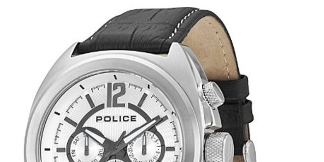 Pánské hodinky s koženým černým řemínkem Police