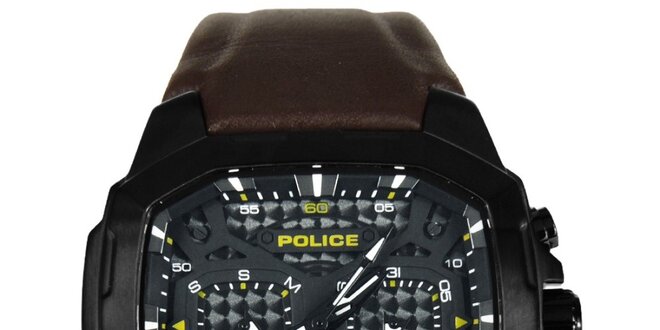 Pánské černo-hnědé ocelové hodinky s koženým řemínkem Police