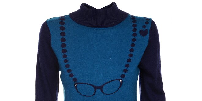 Dámský modrý svetr Yumi se vzorem brýlí a knoflíčky