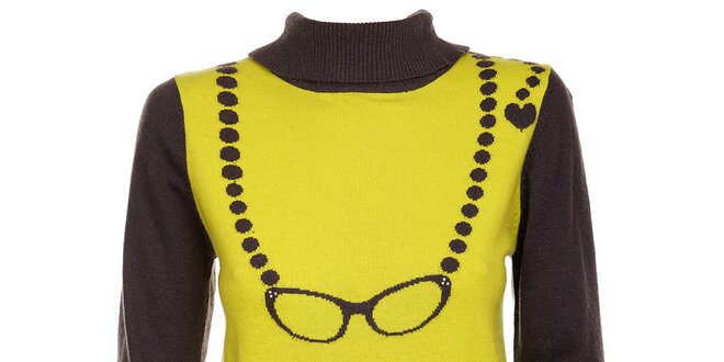 Dámský limetkový svetr Yumi se vzorem brýlí a knoflíčky