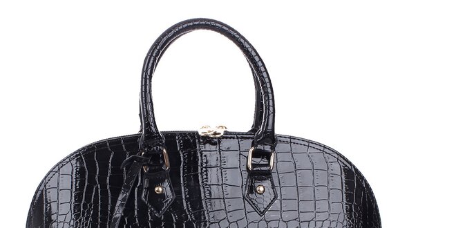 Dámská oblá lesklá černá hadí kabelka s odnímatelným popruhem London Fashion