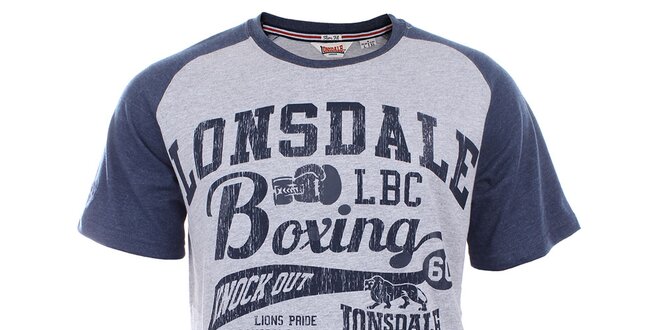 Pánské šedo-modré slim fit tričko s krátkým rukávem Lonsdale